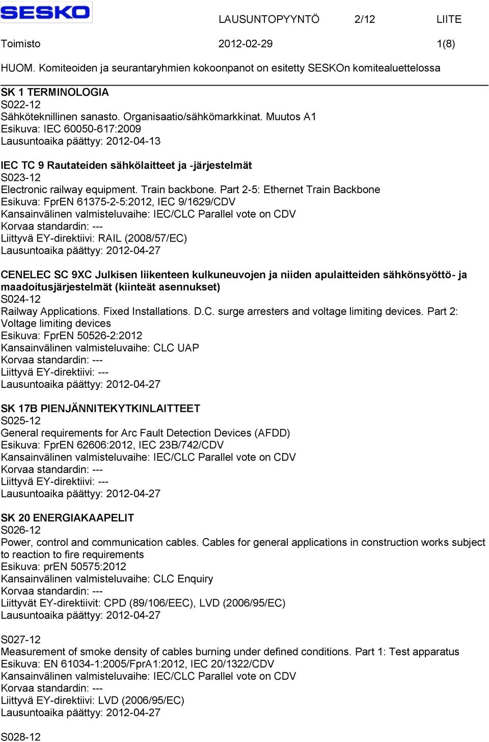 Part 2-5: Ethernet Train Backbone Esikuva: FprEN 61375-2-5:2012, IEC 9/1629/CDV Liittyvä EY-direktiivi: RAIL (2008/57/EC) CENELEC SC 9XC Julkisen liikenteen kulkuneuvojen ja niiden apulaitteiden