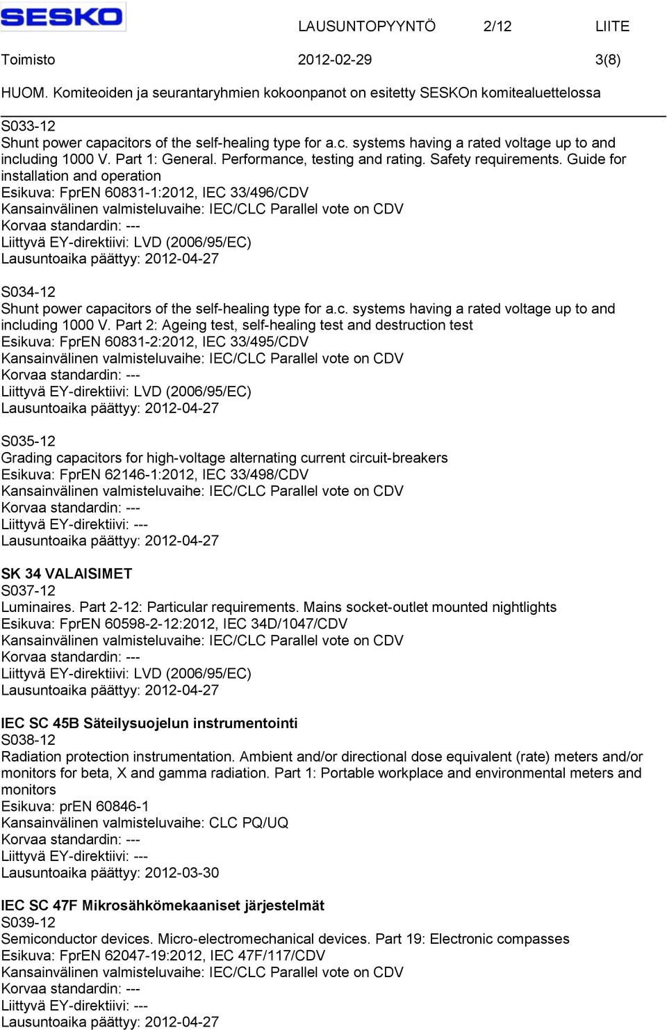 Part 2: Ageing test, self-healing test and destruction test Esikuva: FprEN 60831-2:2012, IEC 33/495/CDV S035-12 Grading capacitors for high-voltage alternating current circuit-breakers Esikuva: FprEN