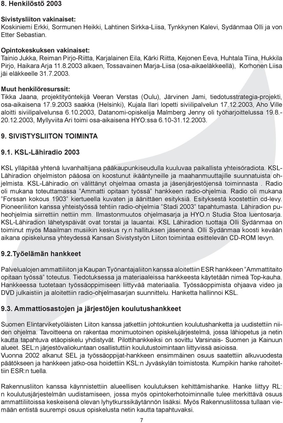 2003 alkaen, Tossavainen Marja-Liisa (osa-aikaeläkkeellä), Korhonen Liisa jäi eläkkeelle 31.7.2003. Muut henkilöresurssit: Tikka Jaana, projektityöntekijä Veeran Verstas (Oulu), Järvinen Jami, tiedotusstrategia-projekti, osa-aikaisena 17.