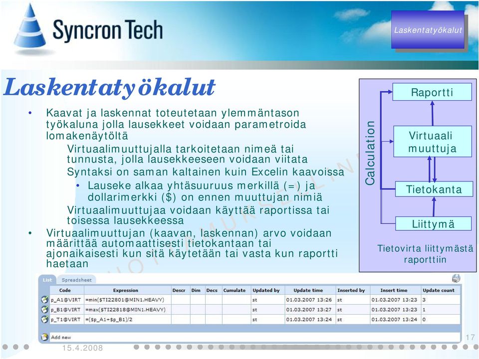 (=) dollarimerkki ($) on ennen muuttun nimiä Virtuaalimuuttua voidaan käyttää raportissa tai toisessa lausekkeessa Virtuaalimuuttun (kaavan, laskennan) arvo voidaan määrittää