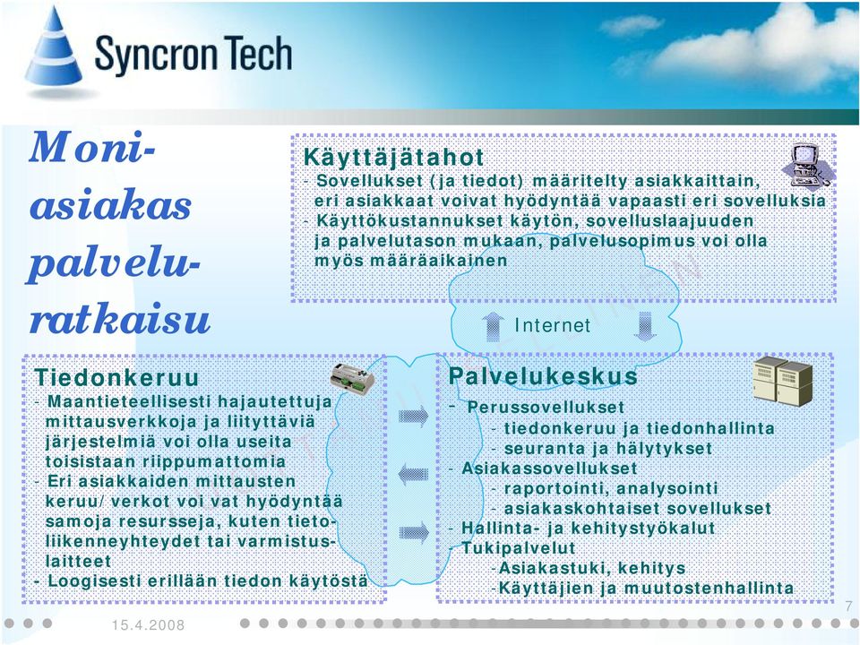 voivat hyödyntää vapaasti eri sovelluksia - Käyttökustannukset käytön, sovelluslaajuuden palvelutason mukaan, palvelusopimus voi olla myös määräaikainen Internet Palvelukeskus - Perussovellukset -