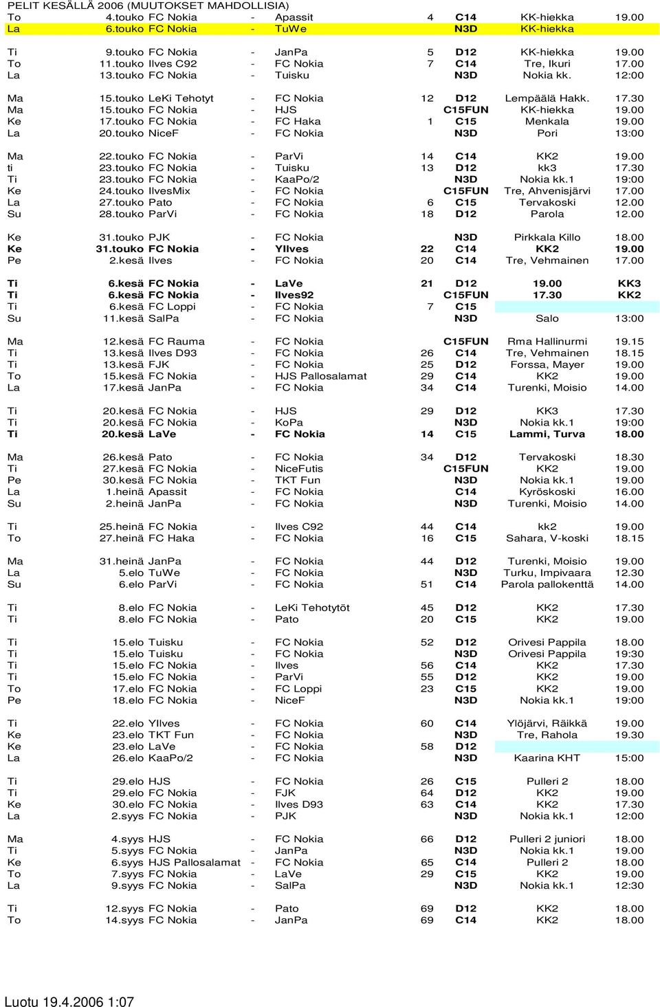 touko FC Nokia - HJS C15FUN KK-hiekka 19.00 Ke 17.touko FC Nokia - FC Haka 1 C15 Menkala 19.00 La 20.touko NiceF - FC Nokia N3D Pori 13:00 Ma 22.touko FC Nokia - ParVi 14 C14 KK2 19.00 ti 23.