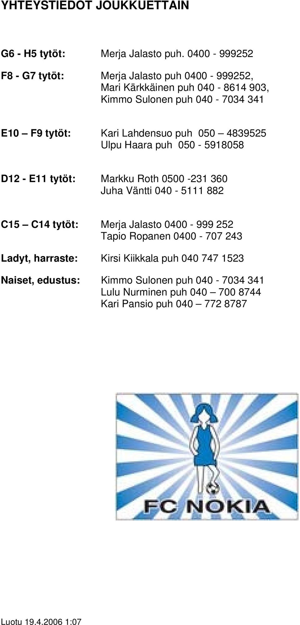 Kari Lahdensuo puh 050 4839525 Ulpu Haara puh 050-5918058 D12 - E11 tytöt: Markku Roth 0500-231 360 Juha Väntti 040-5111 882 C15 C14