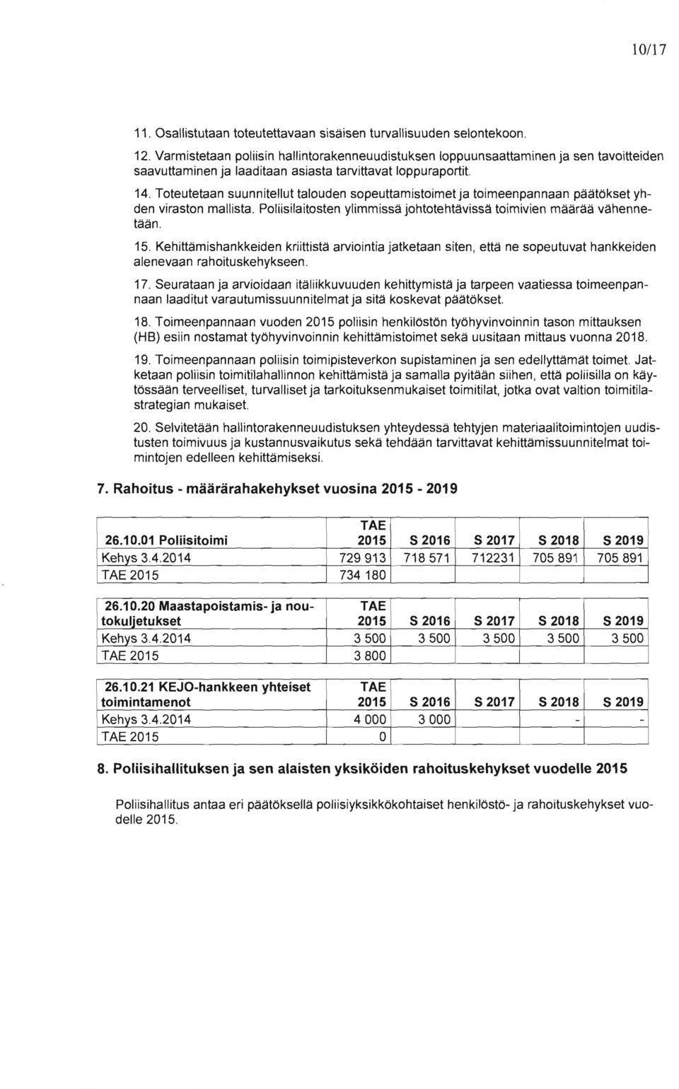 Toteutetaan suunnitellut talouden sopeuttamistoimet ja toimeenpannaan päätökset yhden viraston mallista. Poliisilaitosten ylimmissä johtotehtävissä toimivien määrää vähennetään. 15.