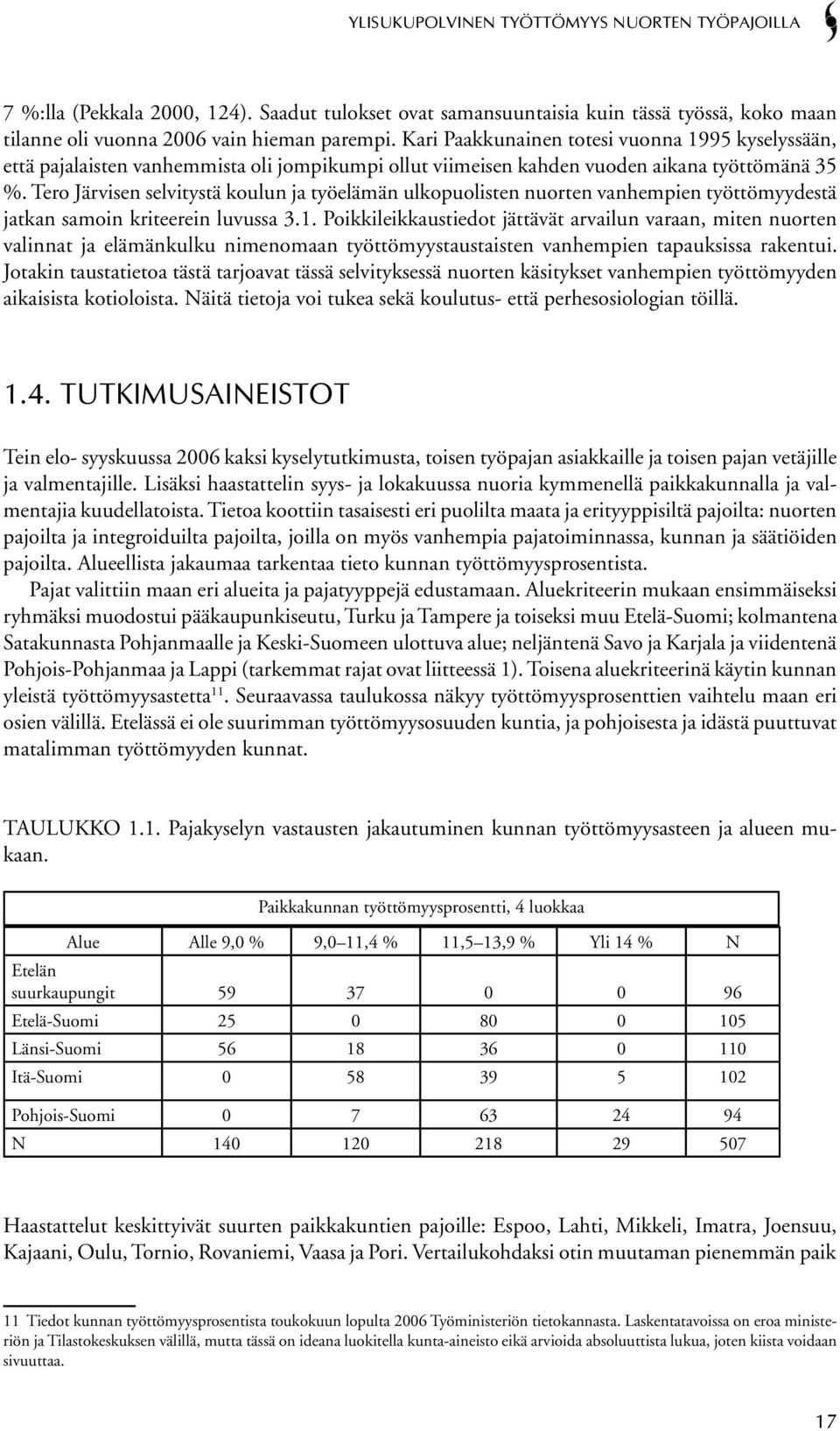 Tero Järvisen selvitystä koulun ja työelämän ulkopuolisten nuorten vanhempien työttömyydestä jatkan samoin kriteerein luvussa 3.1.