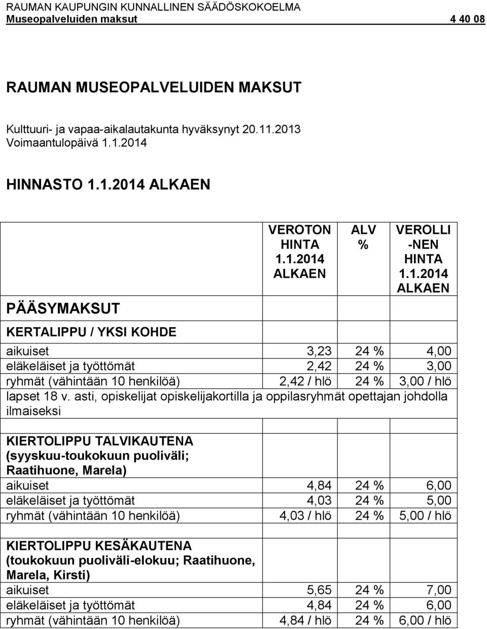 asti, opiskelijat opiskelijakortilla ja oppilasryhmät opettajan johdolla ilmaiseksi KIERTOLIPPU TALVIKAUTENA (syyskuu-toukokuun puoliväli; Raatihuone, Marela) aikuiset 4,84 24 % 6,00 eläkeläiset ja