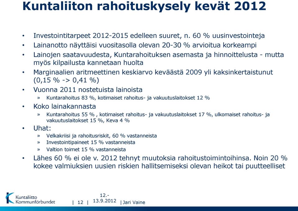 huolta Marginaalien aritmeettinen keskiarvo keväästä 2009 yli kaksinkertaistunut (0,15 % -> 0,41 %) Vuonna 2011 nostetuista lainoista» Kuntarahoitus 83 %, kotimaiset rahoitus- ja vakuutuslaitokset 12