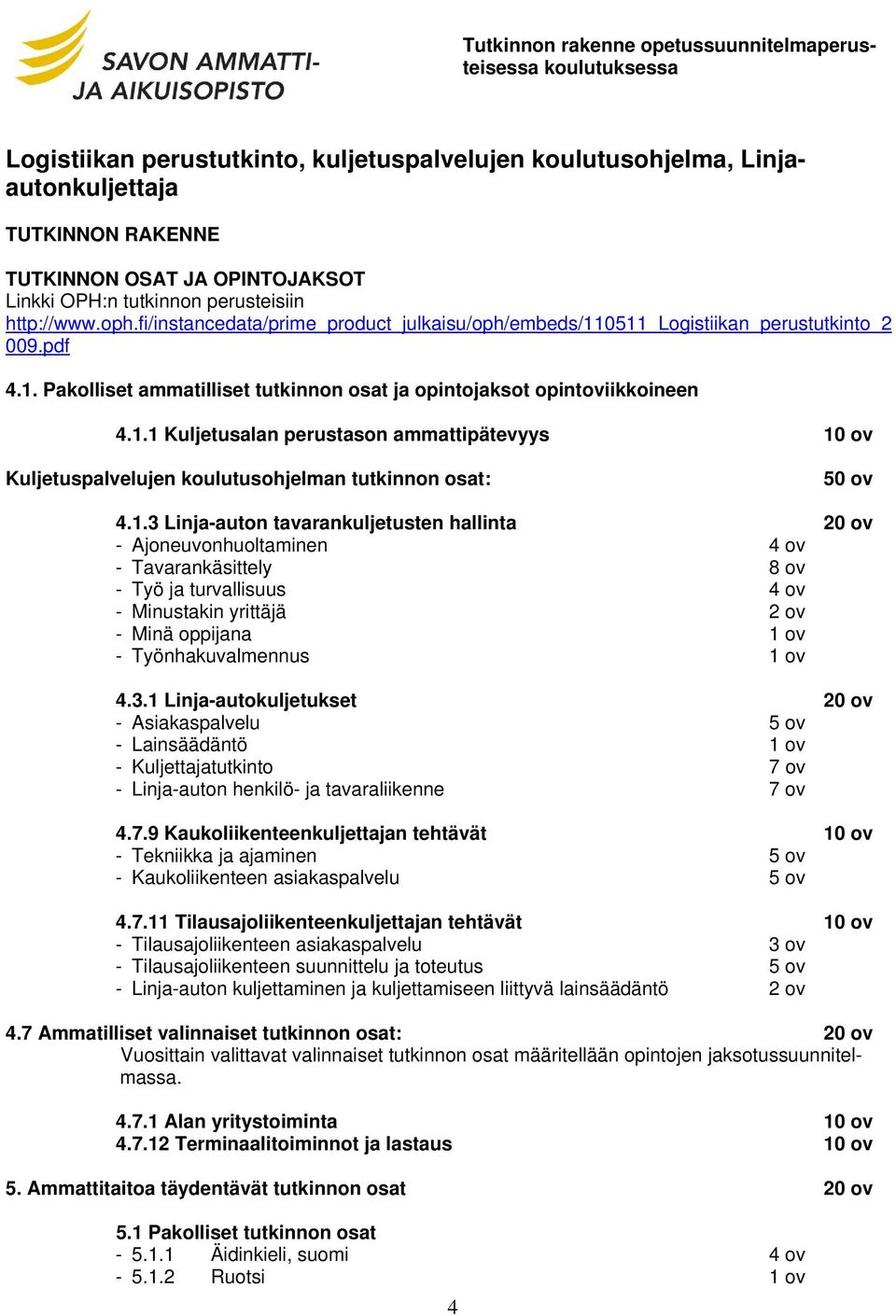 1.1 Kuljetusalan perustason ammattipätevyys 10 ov Kuljetuspalvelujen koulutusohjelman tutkinnon osat: 50 ov 4.1.3 Linja-auton tavarankuljetusten hallinta 20 ov - Ajoneuvonhuoltaminen 4 ov -