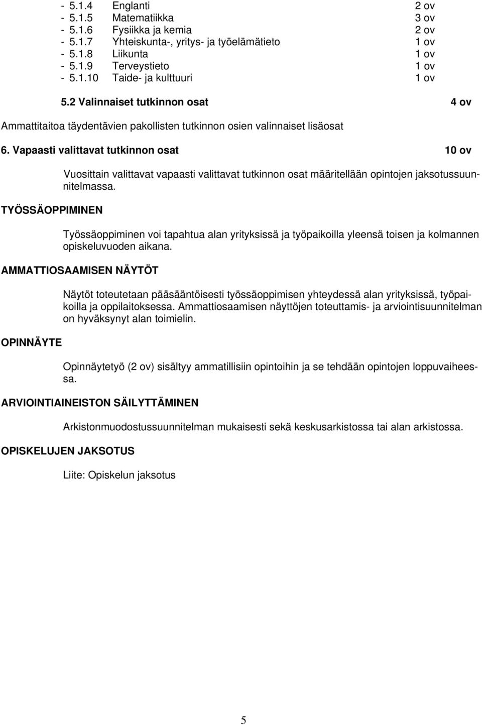 Vapaasti valittavat tutkinnon osat 10 ov TYÖSSÄOPPIMINEN Vuosittain valittavat vapaasti valittavat tutkinnon osat määritellään opintojen jaksotussuunnitelmassa.