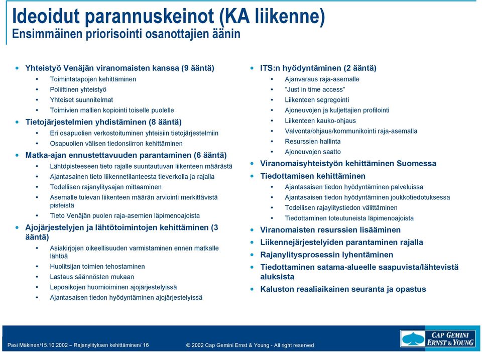 kehittäminen Matka-ajan ennustettavuuden parantaminen (6 ääntä) Lähtöpisteeseen tieto rajalle suuntautuvan liikenteen määrästä Ajantasainen tieto liikennetilanteesta tieverkolla ja rajalla Todellisen