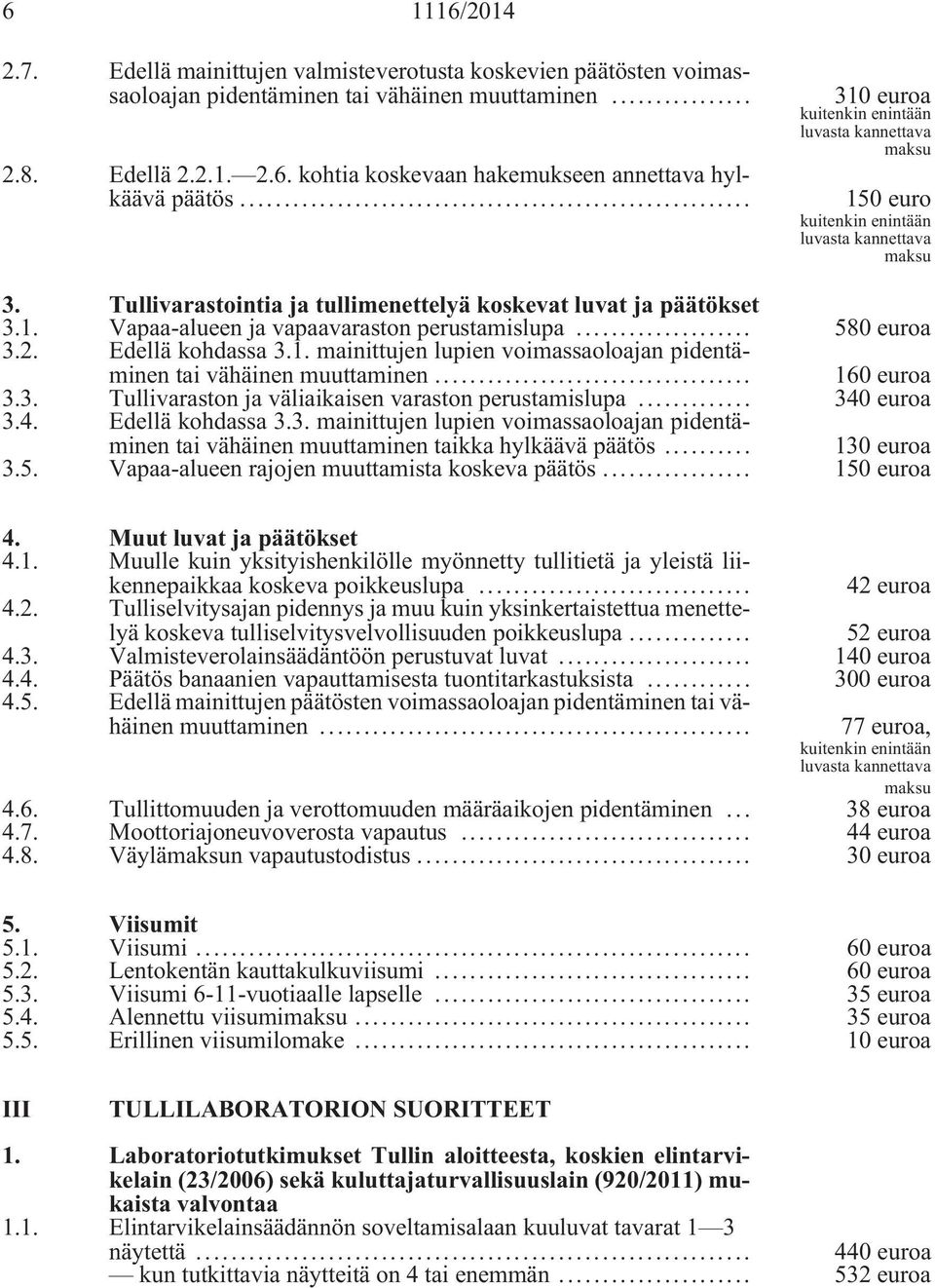 .. 580euroa 3.2. Edellä kohdassa 3.1. mainittujen lupien voimassaoloajan pidentäminentaivähäinenmuuttaminen... 160euroa 3.3. Tullivarastonjaväliaikaisenvarastonperustamislupa... 340euroa 3.4. Edellä kohdassa 3.3. mainittujen lupien voimassaoloajan pidentäminentaivähäinenmuuttaminentaikkahylkääväpäätös.