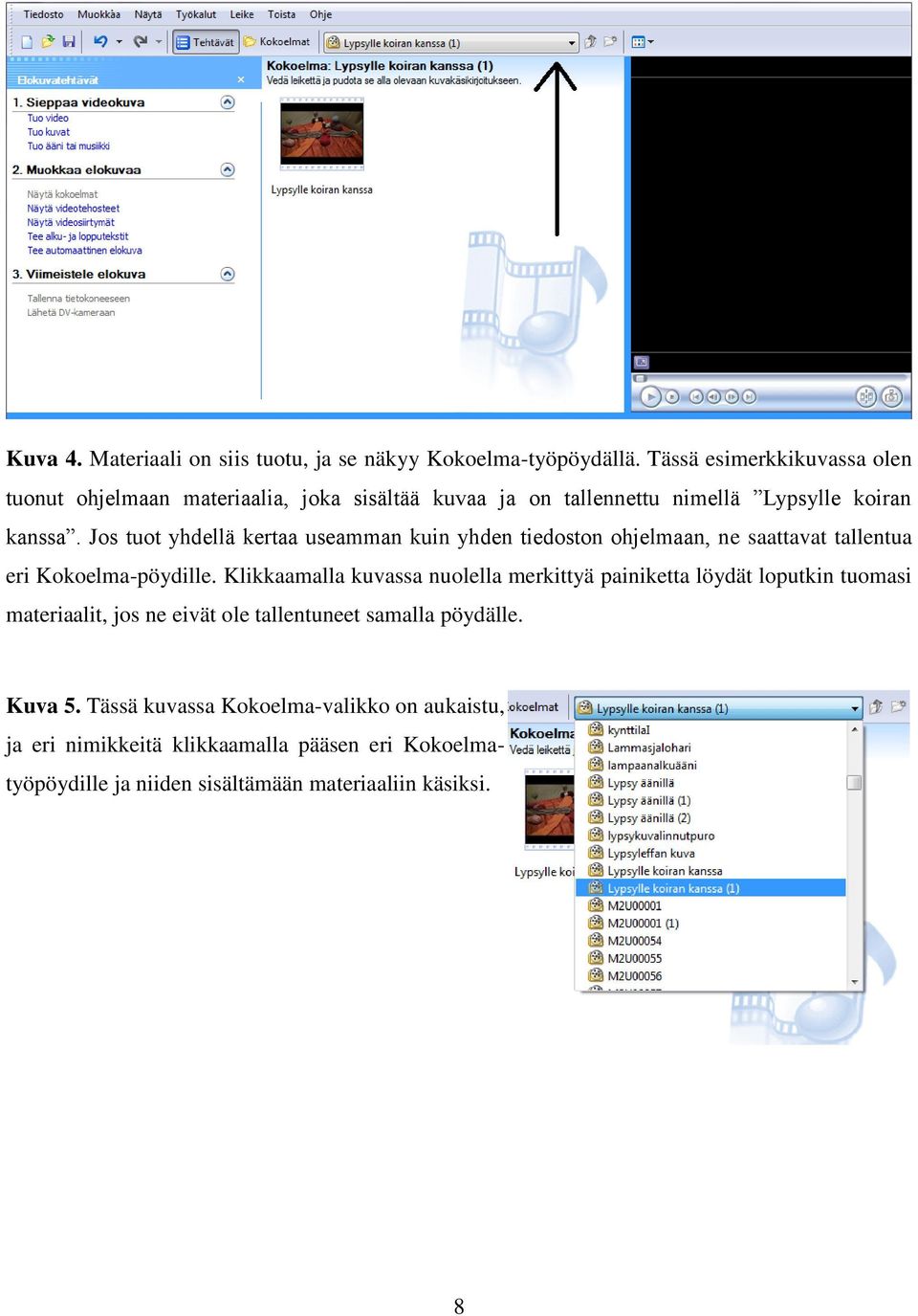 Jos tuot yhdellä kertaa useamman kuin yhden tiedoston ohjelmaan, ne saattavat tallentua eri Kokoelma-pöydille.