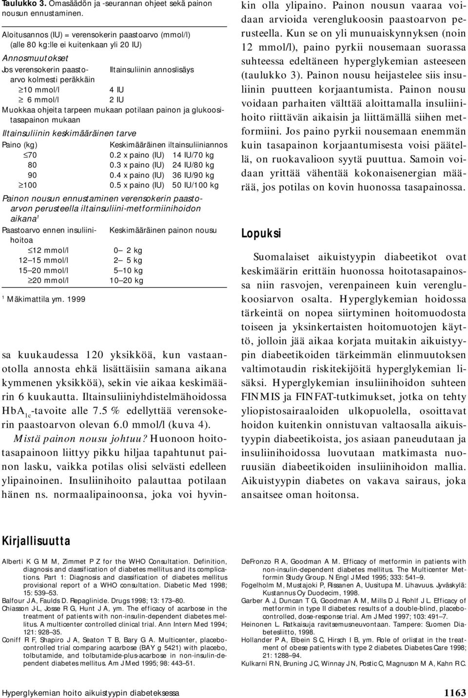 6 mmol/l 2 IU Muokkaa ohjeita tarpeen mukaan potilaan painon ja glukoositasapainon mukaan Iltainsuliinin keskimääräinen tarve Paino (kg) Keskimääräinen iltainsuliiniannos 70 0.