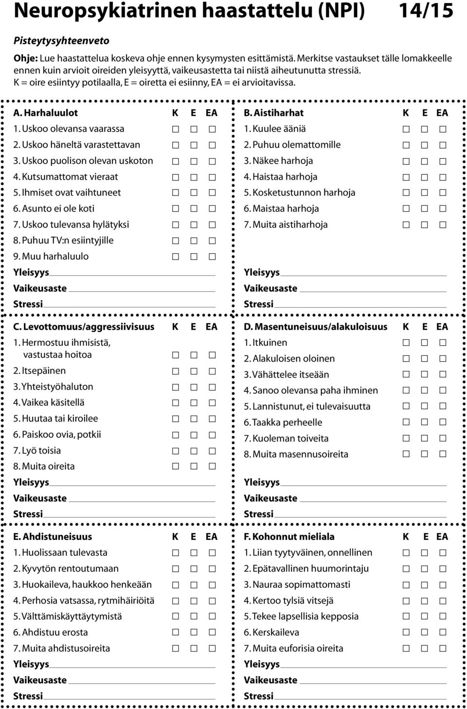 K = oire esiintyy potilaalla, E = oiretta ei esiinny, EA = ei arvioitavissa. A. Harhaluulot K E EA 1. Uskoo olevansa vaarassa 2. Uskoo häneltä varastettavan 3. Uskoo puolison olevan uskoton 4.