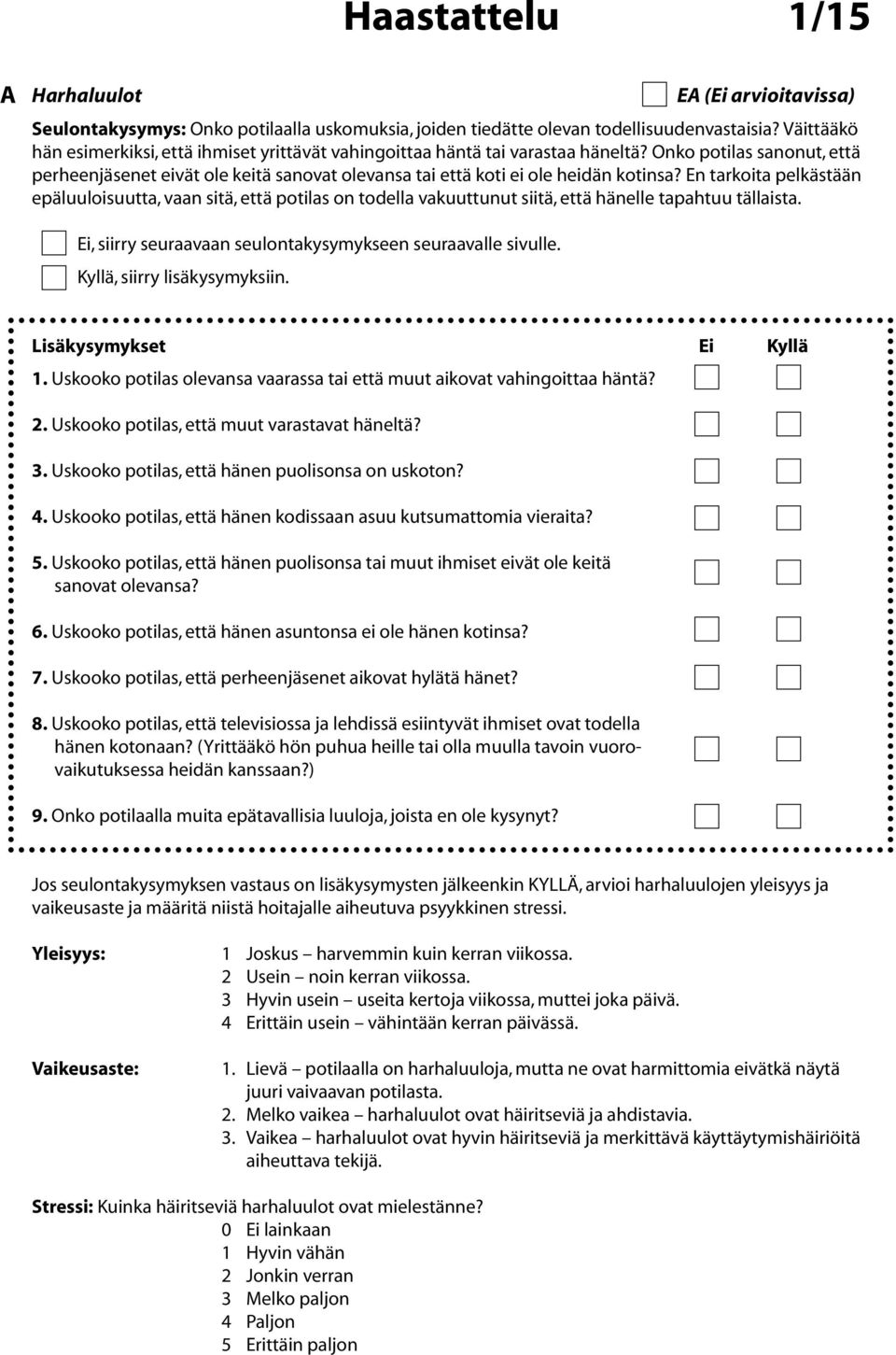 Onko potilas sanonut, että perheenjäsenet eivät ole keitä sanovat olevansa tai että koti ei ole heidän kotinsa?