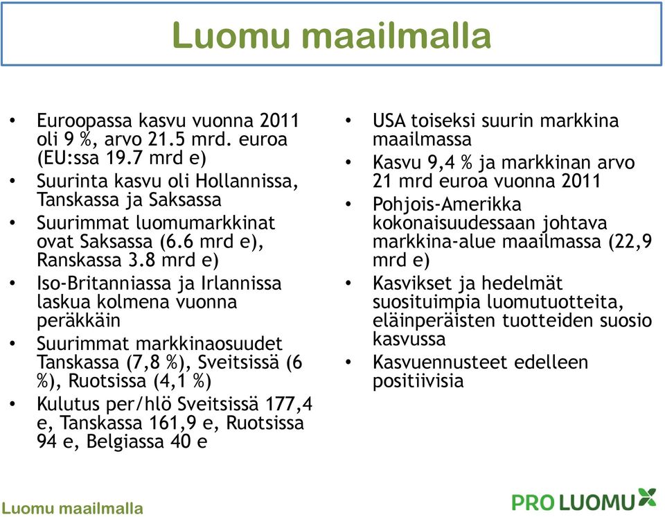 8 mrd e) Iso-Britanniassa ja Irlannissa laskua kolmena vuonna peräkkäin Suurimmat markkinaosuudet Tanskassa (7,8 %), Sveitsissä (6 %), Ruotsissa (4,1 %) Kulutus per/hlö Sveitsissä 177,4 e,