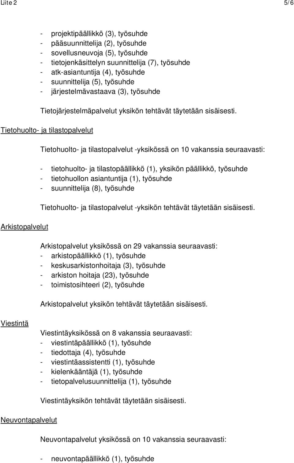 Tietohuolto- ja tilastopalvelut Arkistopalvelut Tietohuolto- ja tilastopalvelut -yksikössä on 10 vakanssia seuraavasti: - tietohuolto- ja tilastopäällikkö (1), yksikön päällikkö, työsuhde -