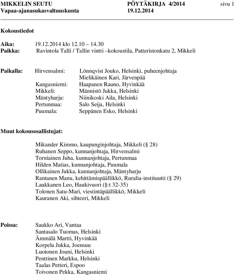 Rauno, Hyvinkää Mikkeli: Männistö Jukka, Helsinki Mäntyharju: Niinikoski Aila, Helsinki Pertunmaa: Salo Seija, Helsinki Puumala: Seppänen Esko, Helsinki Muut kokousosallistujat: Mikander Kimmo,