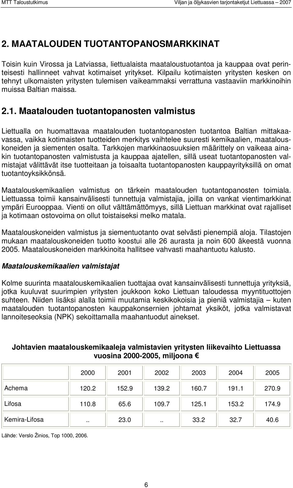 Maatalouden tuotantopanosten valmistus Liettualla on huomattavaa maatalouden tuotantopanosten tuotantoa Baltian mittakaavassa, vaikka kotimaisten tuotteiden merkitys vaihtelee suuresti kemikaalien,