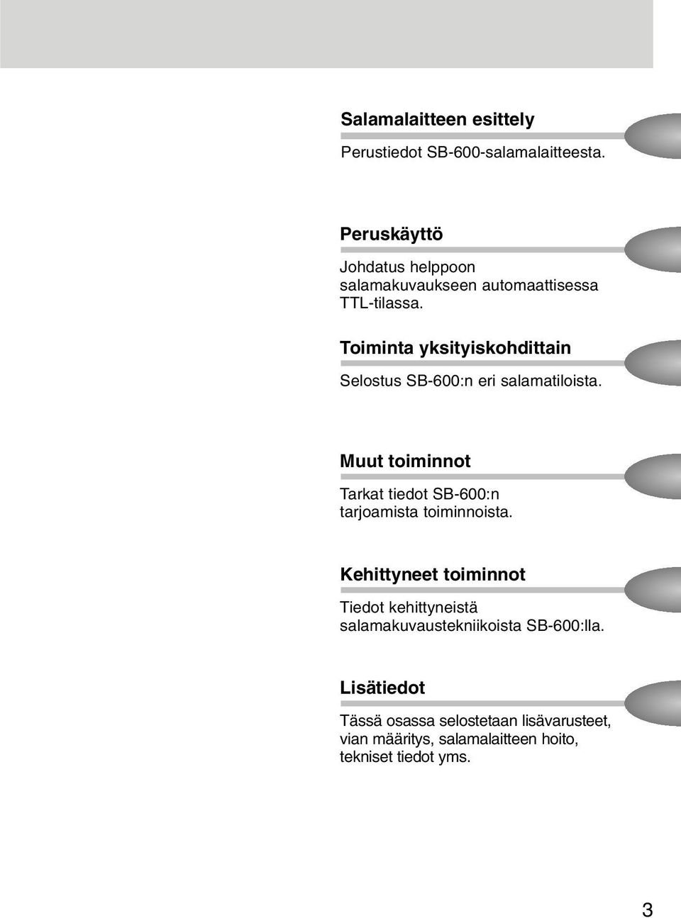 Toiminta yksityiskohdittain Selostus SB-600:n eri salamatiloista.