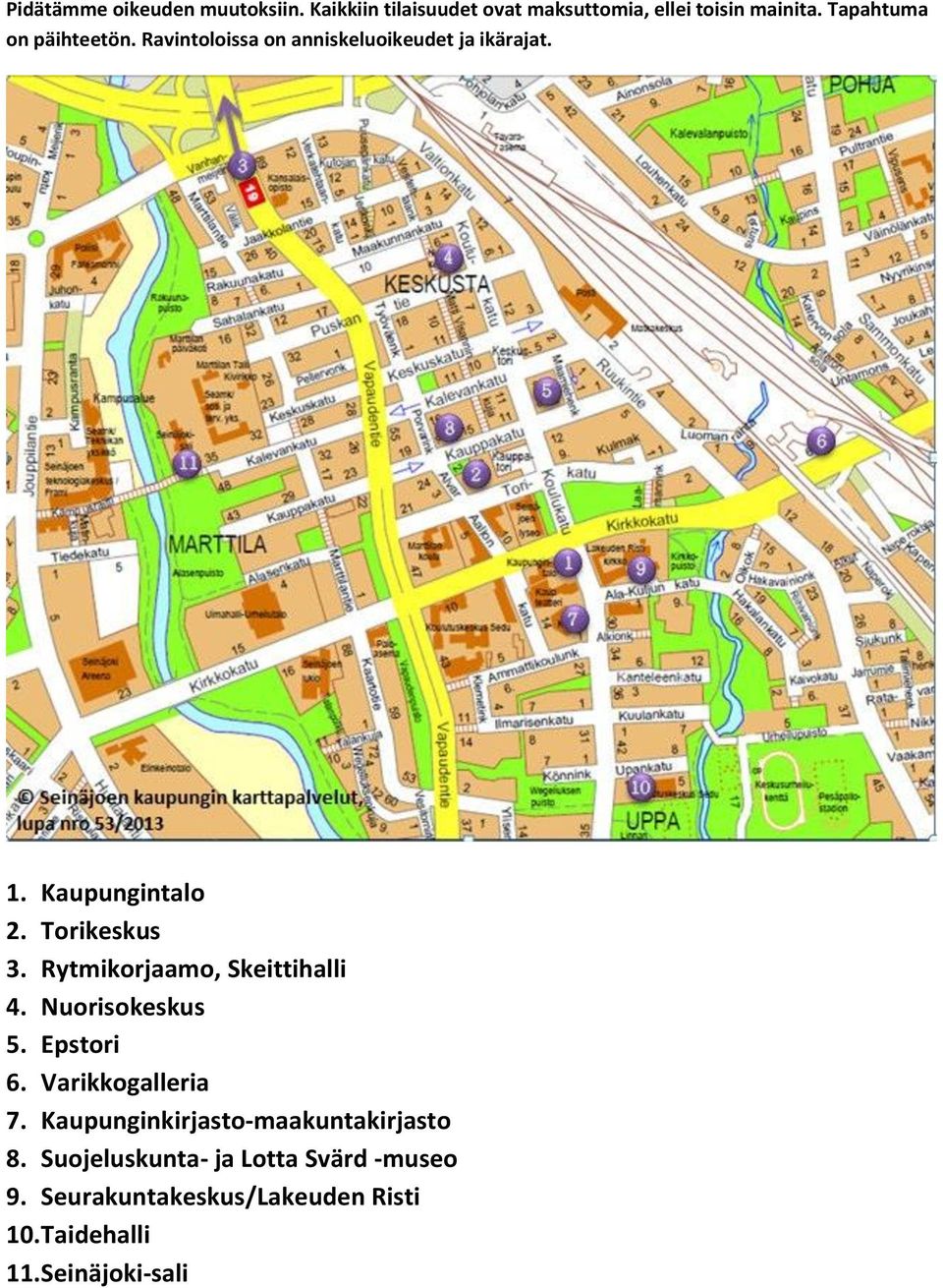 Torikeskus 3. Rytmikorjaamo, Skeittihalli 4. Nuorisokeskus 5. Epstori 6.