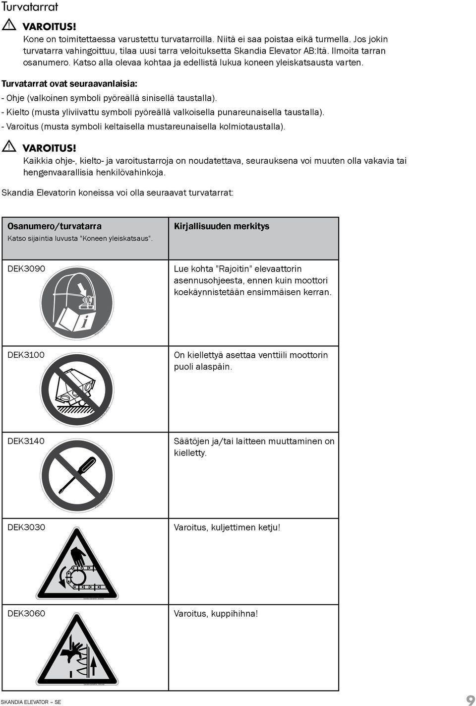 Turvatarrat ovat seuraavanlaisia: - Ohje (valkoinen symboli pyöreällä sinisellä taustalla). - Kielto (musta yliviivattu symboli pyöreällä valkoisella punareunaisella taustalla).