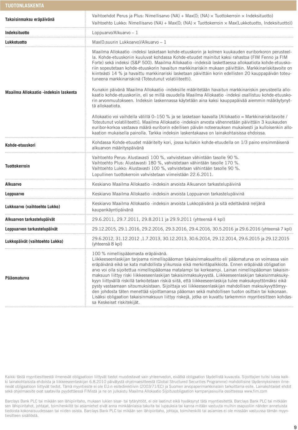 euriborkoron perusteella. Kohde-etuuskoriin kuuluvat kohdassa Kohde-etuudet mainitut kaksi rahastoa (FIM Fenno ja FIM Forte) sekä indeksi (S&P 500).