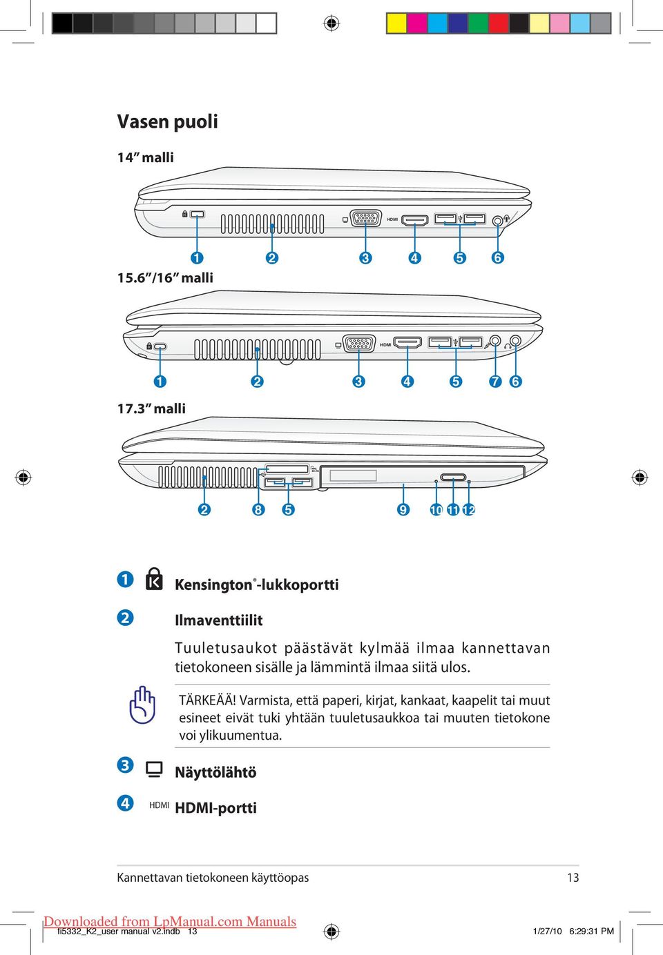 kannettavan tietokoneen sisälle ja lämmintä ilmaa siitä ulos. TÄRKEÄÄ!