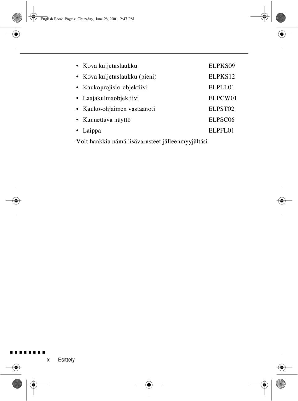 kuljetuslaukku (pieni) ELPKS12 Kaukoprojisio-objektiivi ELPLL01