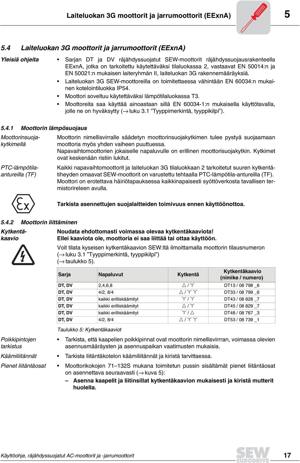 vastaavat EN 5001:n ja EN 50021:n mukaisen laiteryhmän II, laiteluokan G rakennemääräyksiä. Laiteluokan G SEWmoottoreilla on toimitettaessa vähintään EN 600:n mukainen kotelointiluokka IP5.