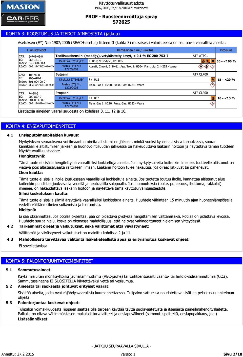 601-003-00-5 REACH: 01-2119486944-21-XXXX Direktiivi 67/548/EY Asetus (EY) N:o 1272/2008 F: R11; N: R51/53; Xn: R65 Kemiallinen nimi / luokitus Teollisuusbensiini (maaöljy), vetykäsitelty kevyt, < 0.