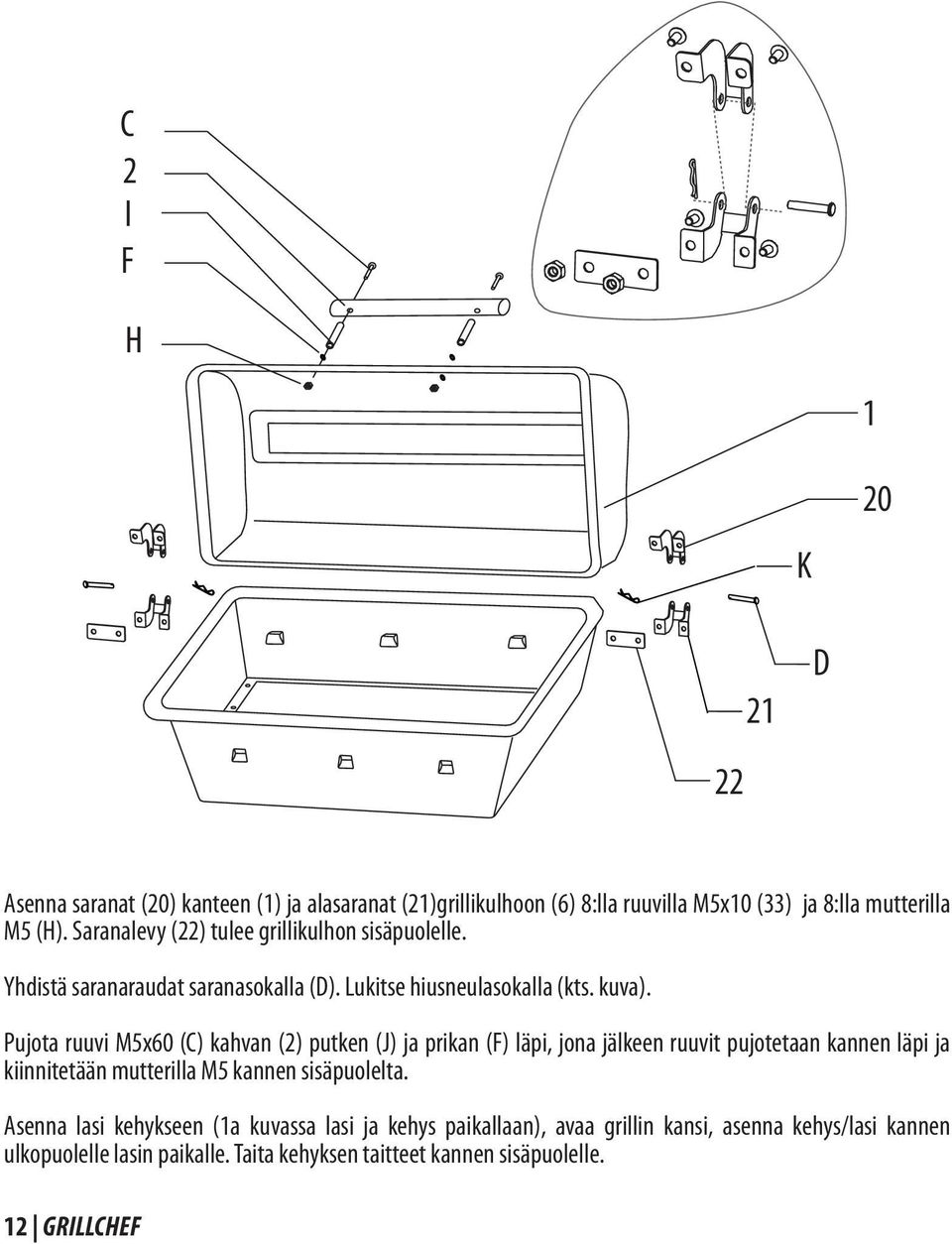 Pujota ruuvi M5x60 (C) kahvan (2) putken (J) ja prikan (F) läpi, jona jälkeen ruuvit pujotetaan kannen läpi ja kiinnitetään mutterilla M5 kannen