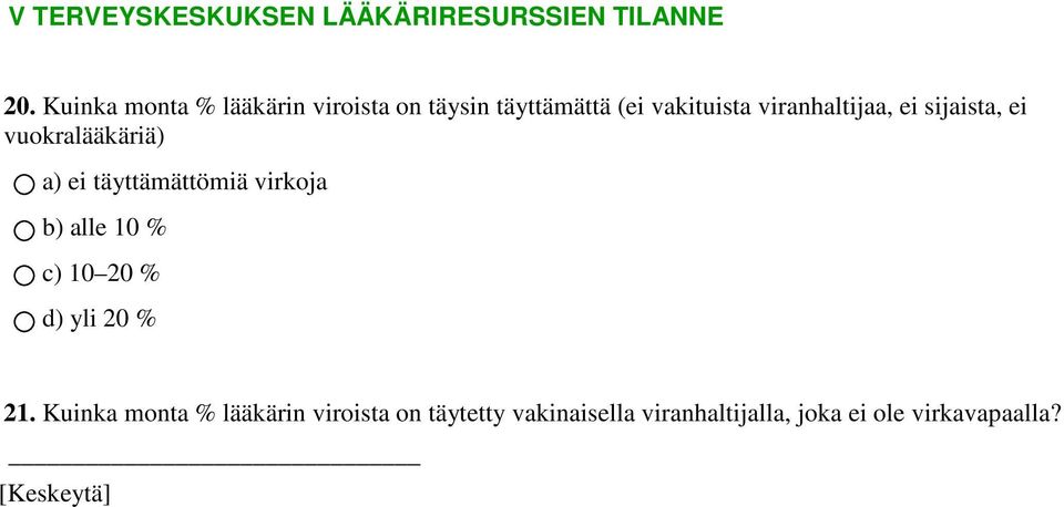 ei sijaista, ei vuokralääkäriä) a) ei täyttämättömiä virkoja b) alle 10 % c) 10 20 %