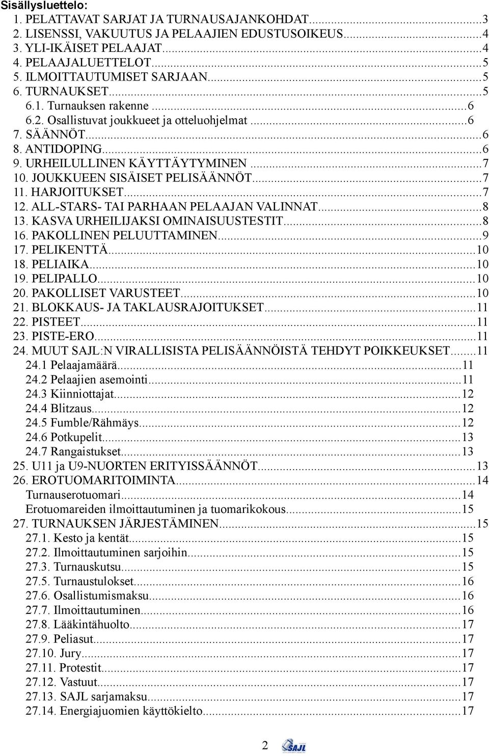 JOUKKUEEN SISÄISET PELISÄÄNNÖT...7 11. HARJOITUKSET...7 12. ALL-STARS- TAI PARHAAN PELAAJAN VALINNAT...8 13. KASVA URHEILIJAKSI OMINAISUUSTESTIT...8 16. PAKOLLINEN PELUUTTAMINEN...9 17. PELIKENTTÄ.