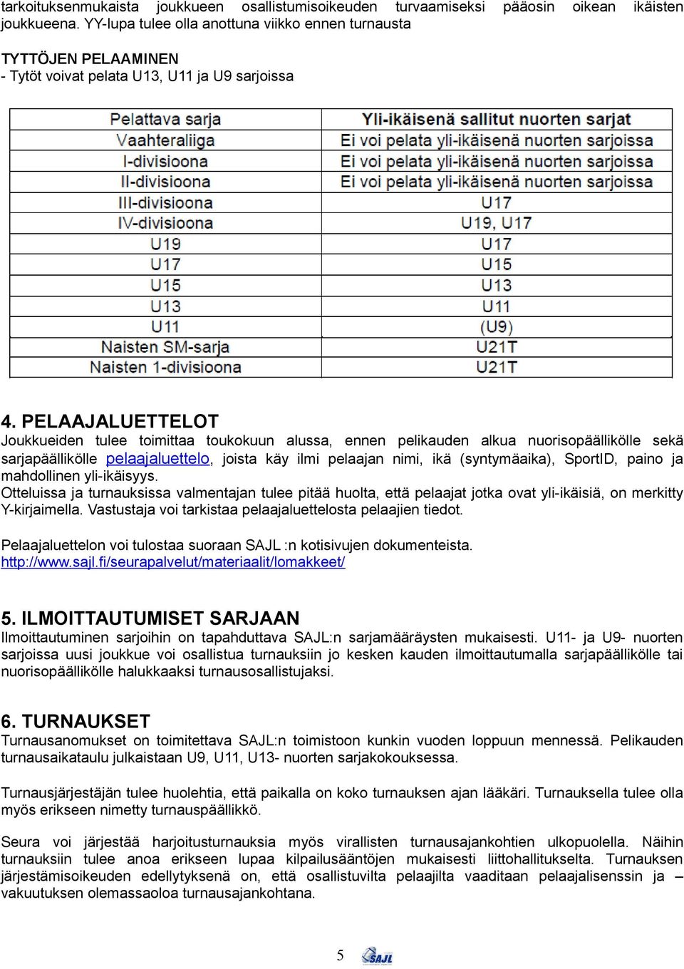 PELAAJALUETTELOT Joukkueiden tulee toimittaa toukokuun alussa, ennen pelikauden alkua nuorisopäällikölle sekä sarjapäällikölle pelaajaluettelo, joista käy ilmi pelaajan nimi, ikä (syntymäaika),