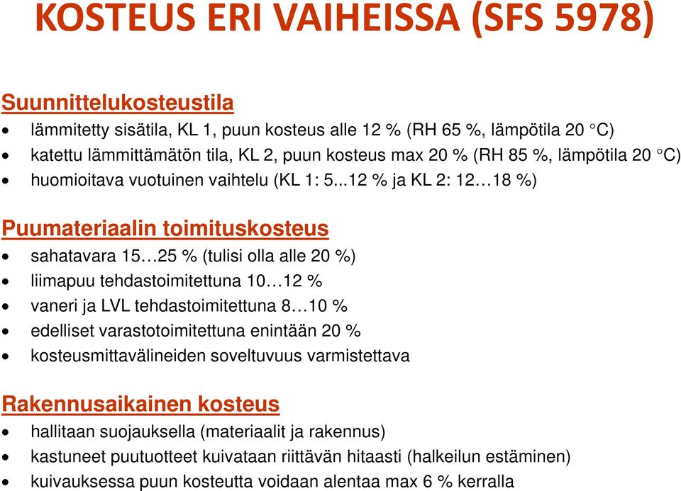 ..12 % ja KL 2: 12 18 %) Puumateriaalin toimituskosteus sahatavara 15 25 % (tulisi olla alle 20 %) liimapuu tehdastoimitettuna 10 12 % vaneri ja LVL tehdastoimitettuna 8 10 %