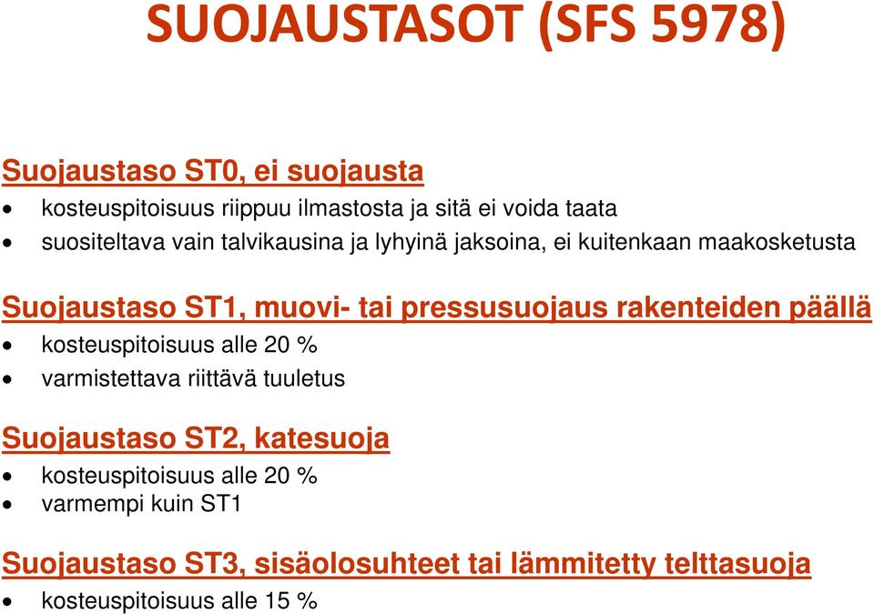 pressusuojaus rakenteiden päällä kosteuspitoisuus alle 20 % varmistettava riittävä tuuletus Suojaustaso ST2,