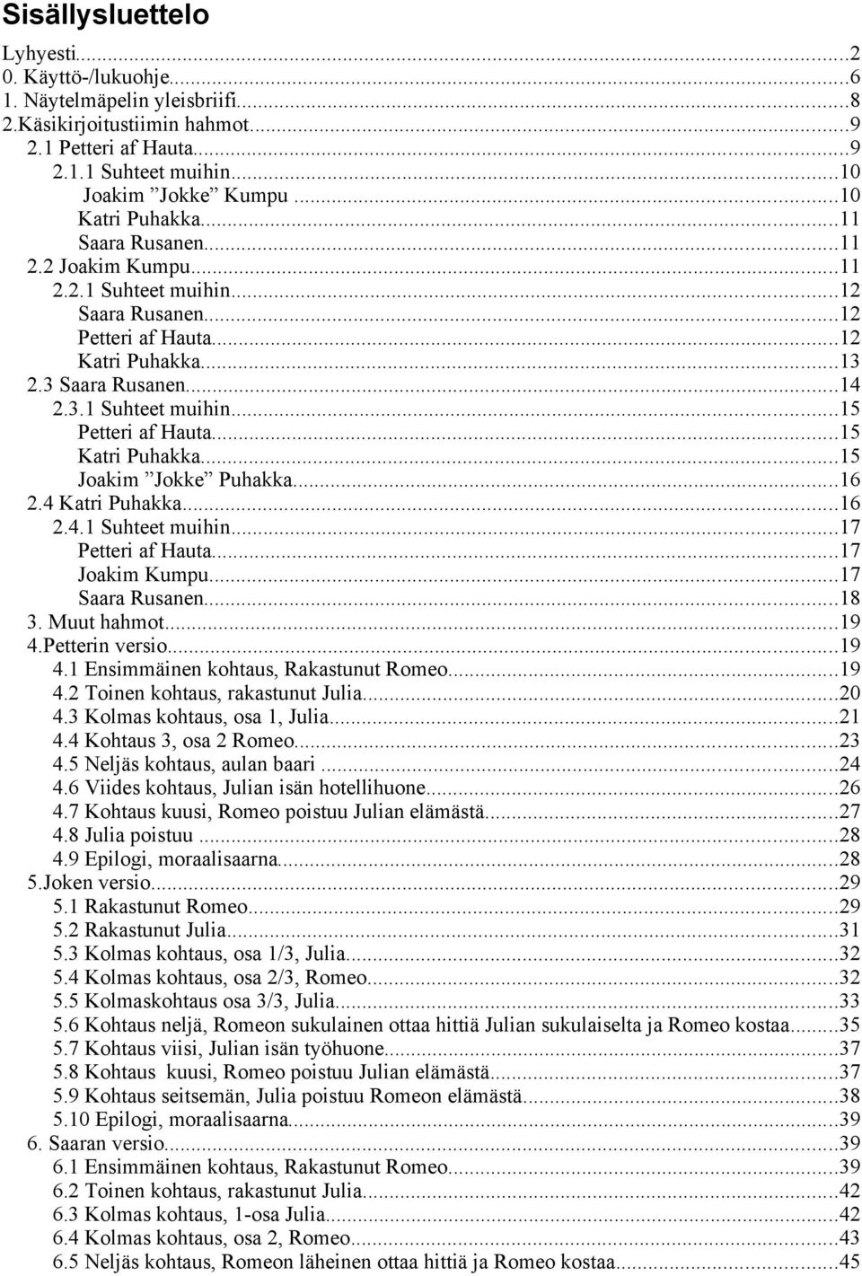 ..15 Katri Puhakka...15 Joakim Jokke Puhakka...16 2.4 Katri Puhakka...16 2.4.1 Suhteet muihin...17 Petteri af Hauta...17 Joakim Kumpu...17 Saara Rusanen...18 3. Muut hahmot...19 4.Petterin versio.