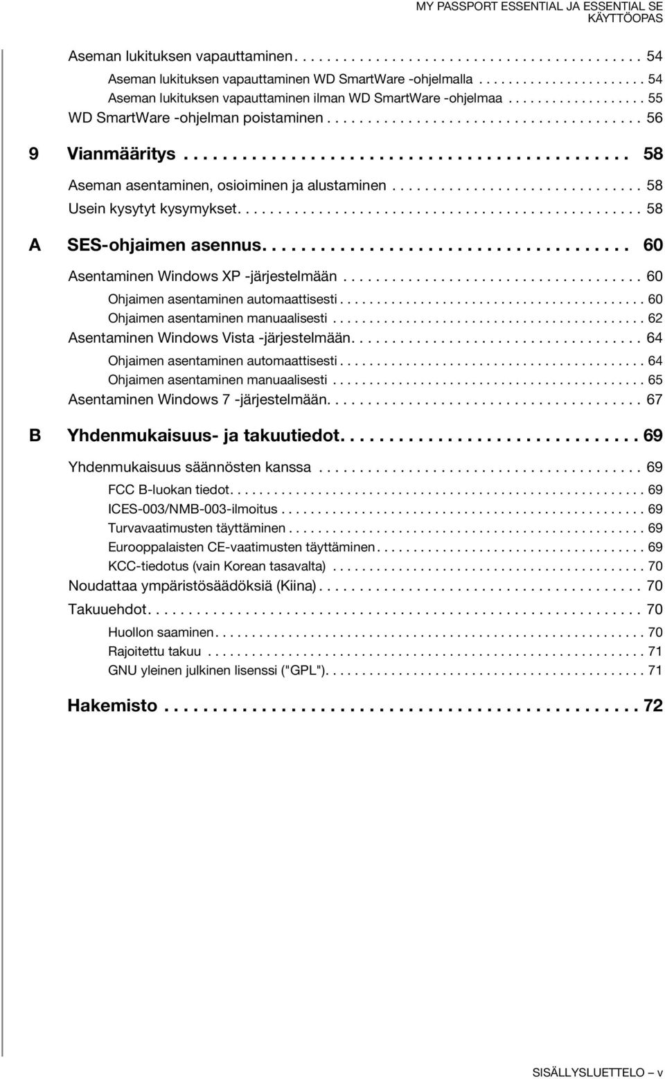 .............................. 58 Usein kysytyt kysymykset.................................................. 58 A SES-ohjaimen asennus...................................... 60 Asentaminen Windows XP -järjestelmään.