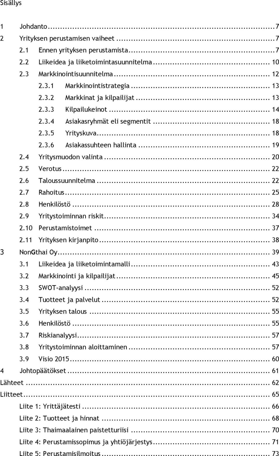 5 Vertus... 22 2.6 Talussuunnitelma... 22 2.7 Rahitus... 25 2.8 Henkilöstö... 28 2.9 Yritystiminnan riskit... 34 2.10 Perustamistimet... 37 2.11 Yrityksen kirjanpit... 38 3 NnGthai Oy... 39 3.