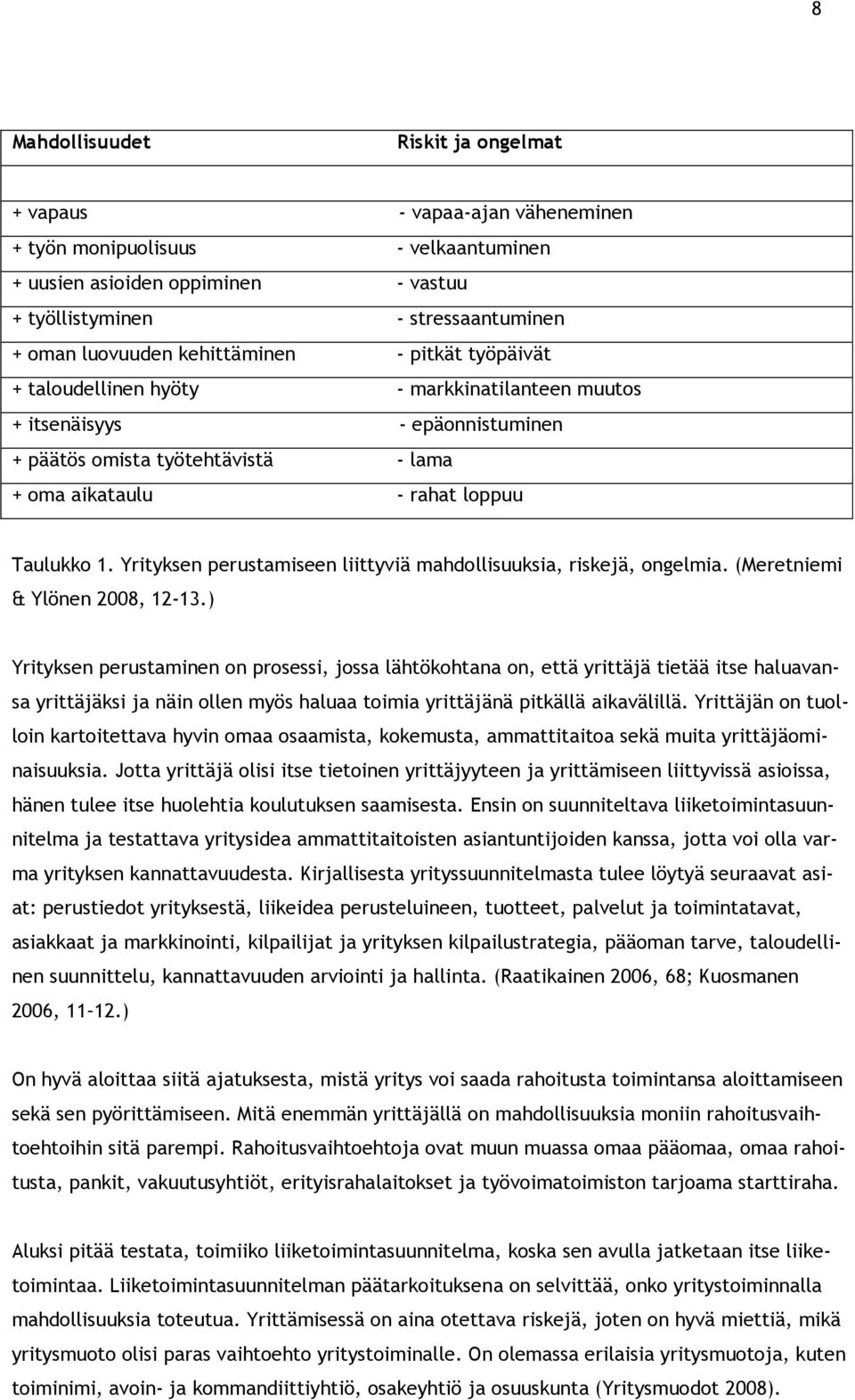 Yrityksen perustamiseen liittyviä mahdllisuuksia, riskejä, ngelmia. (Meretniemi & Ylönen 2008, 12-13.