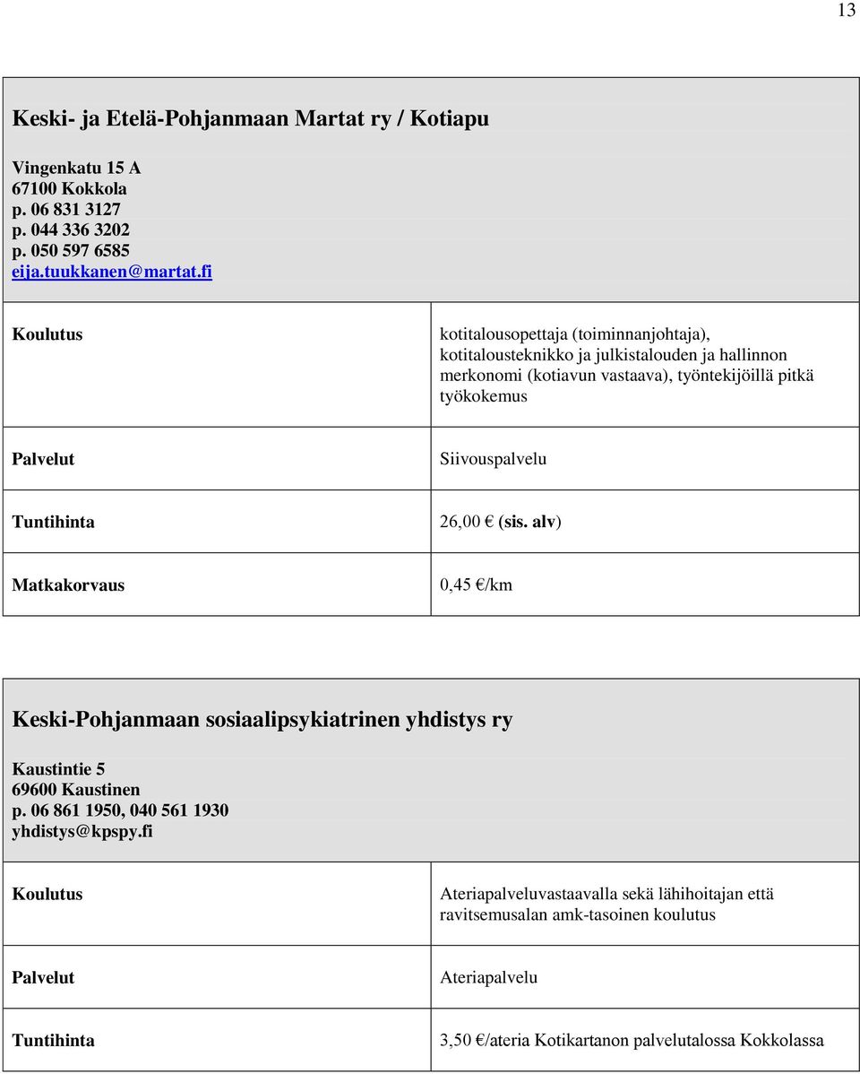 Siivouspalvelu 26,00 (sis. alv) 0,45 /km Keski-Pohjanmaan sosiaalipsykiatrinen yhdistys ry Kaustintie 5 69600 Kaustinen p.