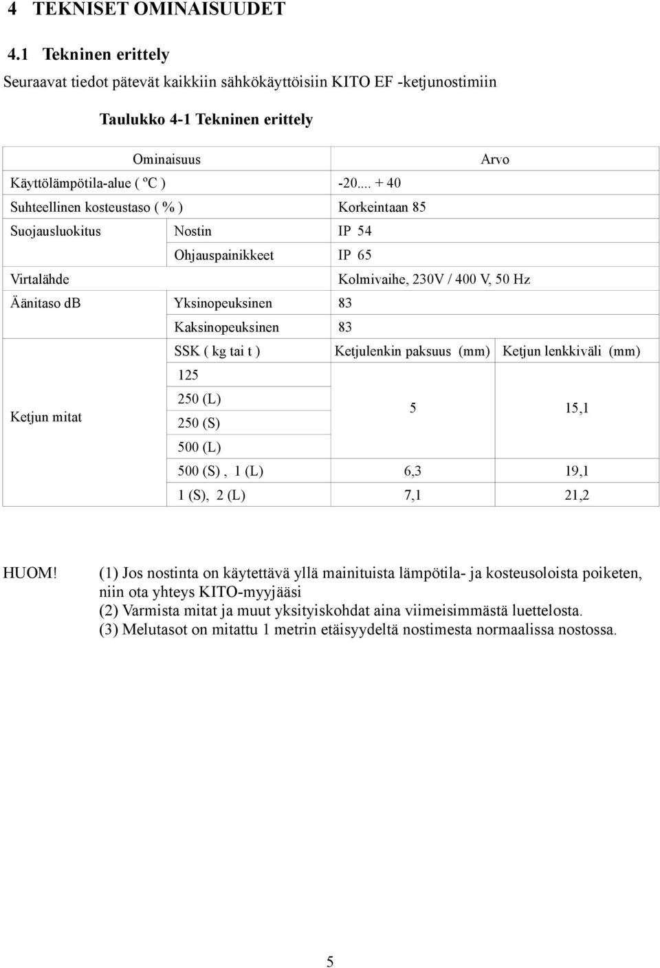 SSK ( kg tai t ) Ketjulenkin paksuus (mm) Ketjun lenkkiväli (mm) 125 250 (L) Ketjun mitat 5 15,1 500 (S), 1 (L) 6,3 19,1 1 (S), 2 (L) 7,1 21,2 250 (S) 500 (L) HUOM!