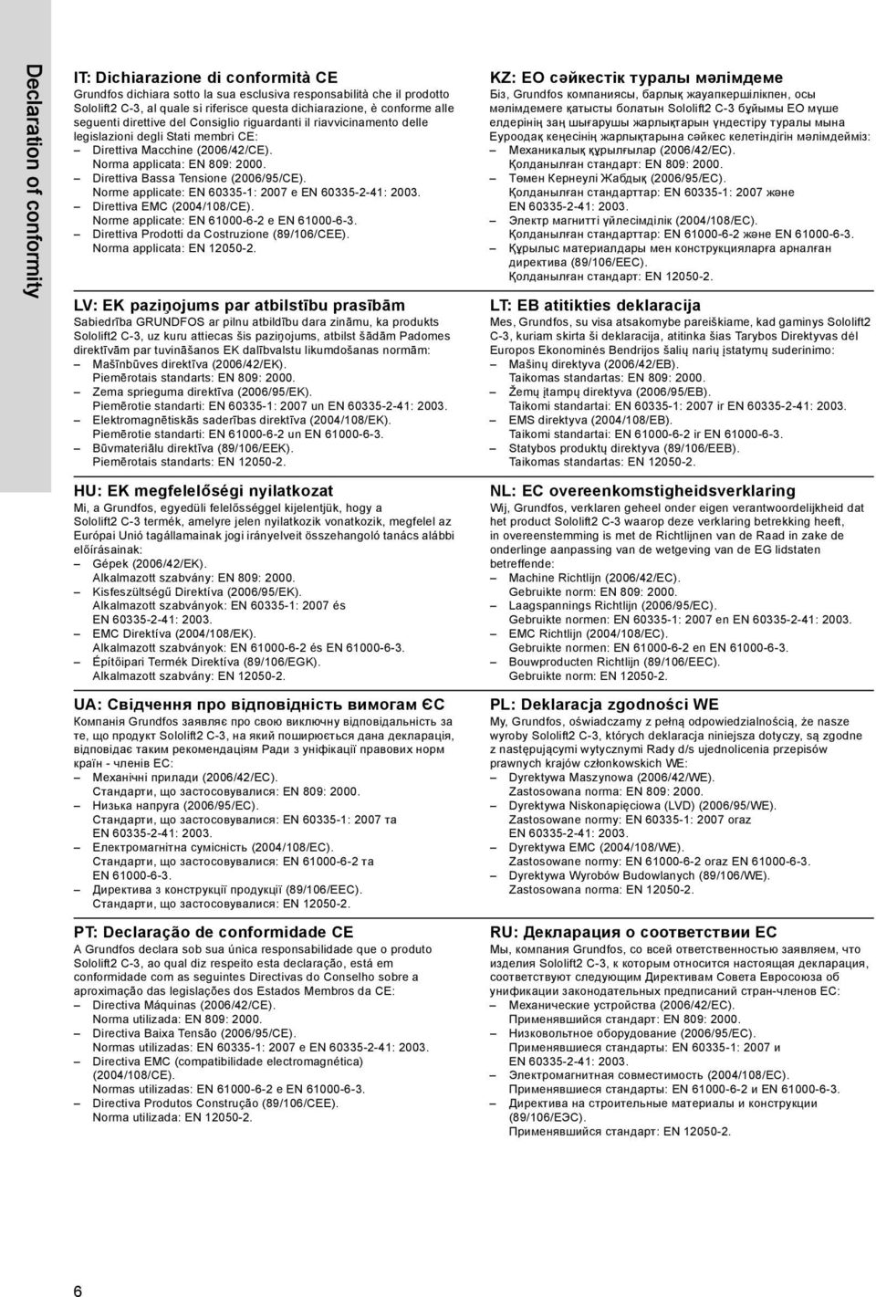 Direttiva Bassa Tensione (2006/95/CE). Norme applicate: EN 60335-1: 2007 e Direttiva EMC (2004/108/CE). Norme applicate: EN 61000-6-2 e EN 61000-6-3. Direttiva Prodotti da Costruzione (89/106/CEE).