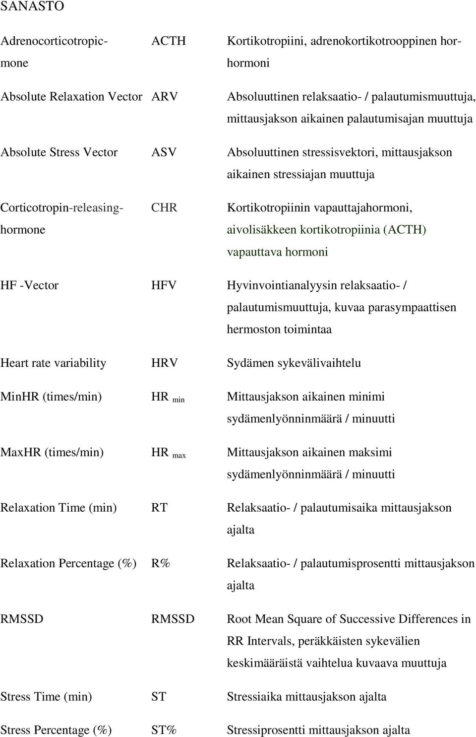 aivolisäkkeen kortikotropiinia (ACTH) vapauttava hormoni HF -Vector HFV Hyvinvointianalyysin relaksaatio- / palautumismuuttuja, kuvaa parasympaattisen hermoston toimintaa Heart rate variability HRV