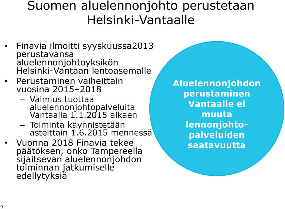 6.2015 mennessä Vuonna 2018 Finavia tekee päätöksen, onko Tampereella sijaitsevan aluelennonjohdon toiminnan jatkumiselle