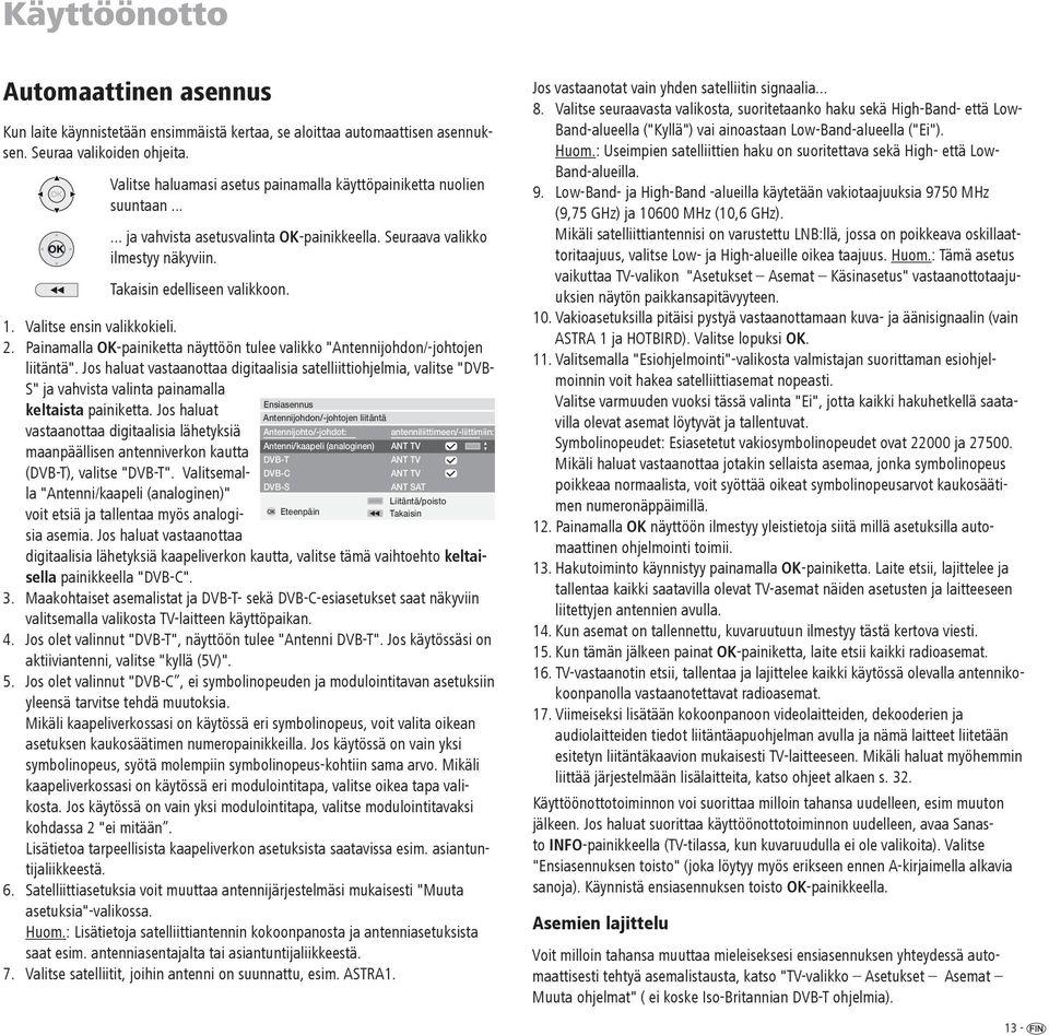 Valitse ensin valikkokieli. 2. Painamalla -painiketta näyttöön tulee valikko "Antennijohdon/-johtojen liitäntä".