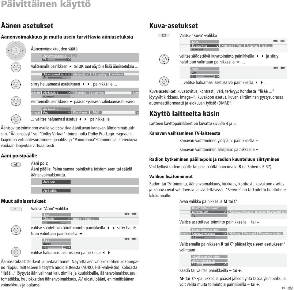 .. valitsemalla painikkeen pääset kyseiseen valintaan/asetukseen...... valitse haluamasi asetus -painikkeilla. Äänisovitustoiminnon avulla voit sovittaa äänikuvan kanavan ääniominaisuuksiin.