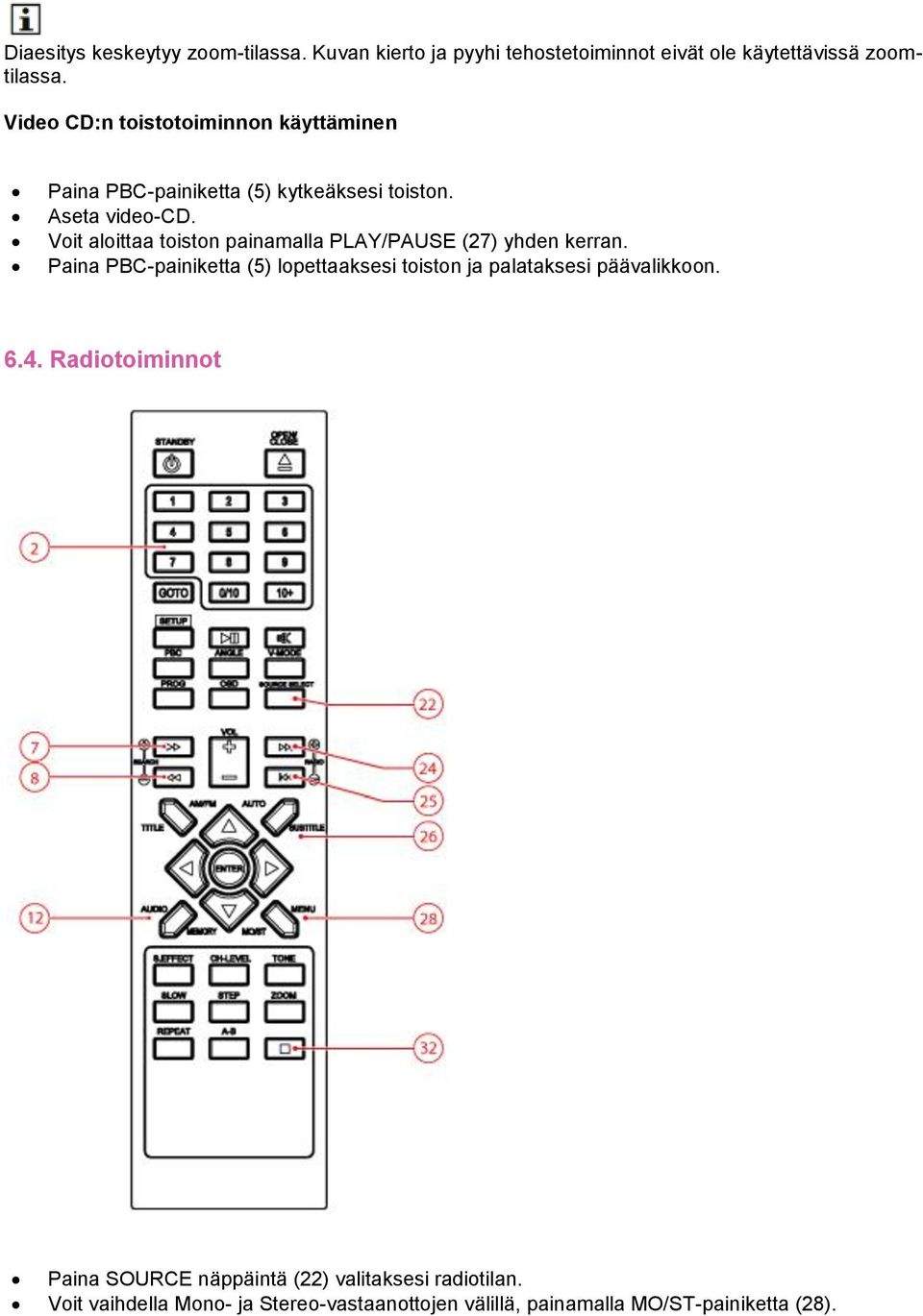 Voit aloittaa toiston painamalla PLAY/PAUSE (27) yhden kerran.