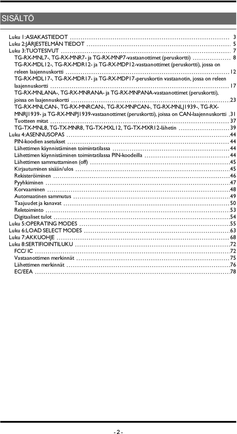 TG-RX-MNRANA- ja TG-RX-MNPANA-vastaanottimet (peruskortti), joissa on laajennuskortti 23 TG-RX-MNLCAN-, TG-RX-MNRCAN-, TG-RX-MNPCAN-, TG-RX-MNLJ1939-, TG-RX- MNRJ1939- ja